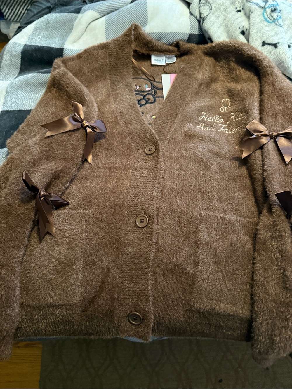 Hello Kitty Brown Fuzzy Cardigan Sweater with Pink Tag Accent